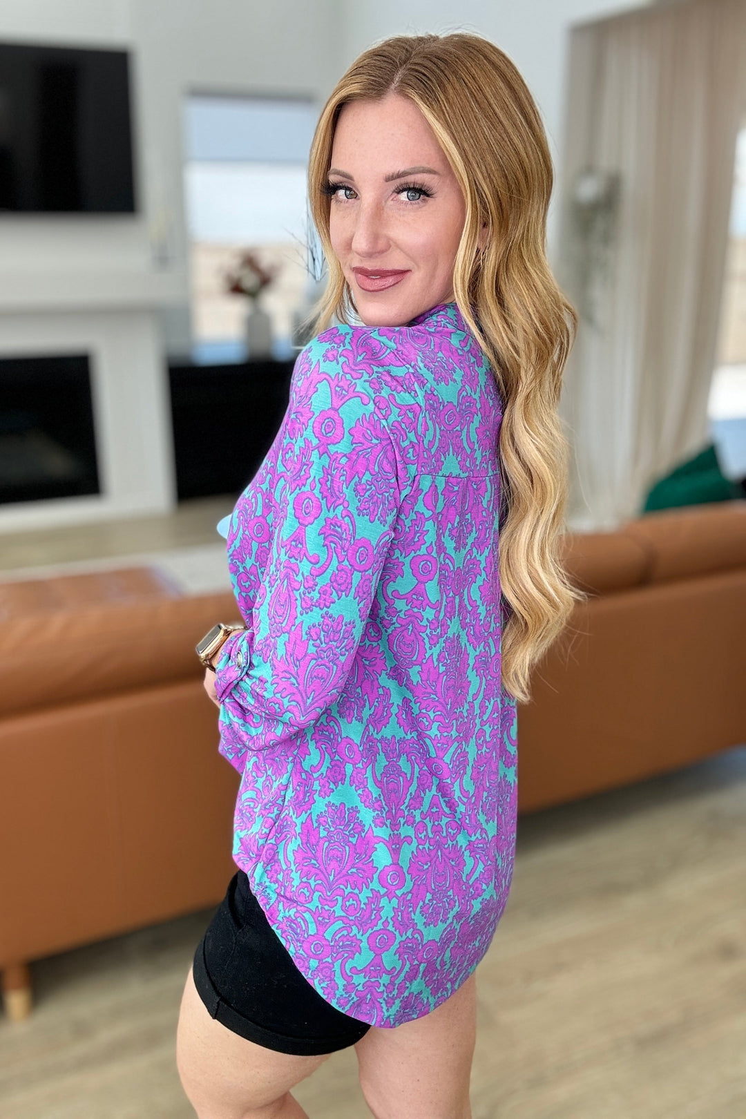 Lizzy 3/4 Sleeve Top in Teal and Magenta Damask