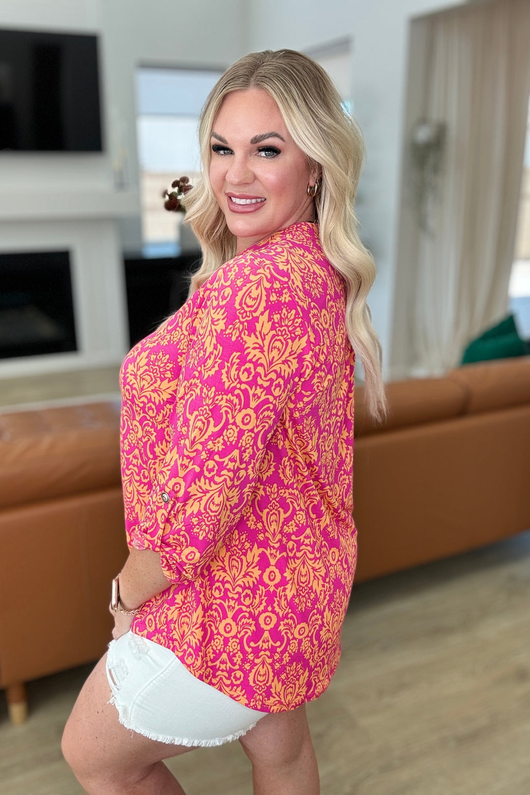 Lizzy 3/4 Sleeve Top in Hot Pink and Tangerine Damask