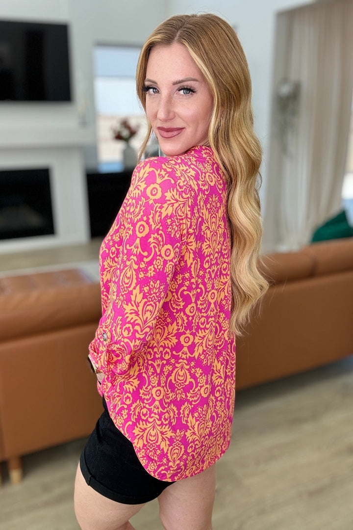 Lizzy 3/4 Sleeve Top in Hot Pink and Tangerine Damask