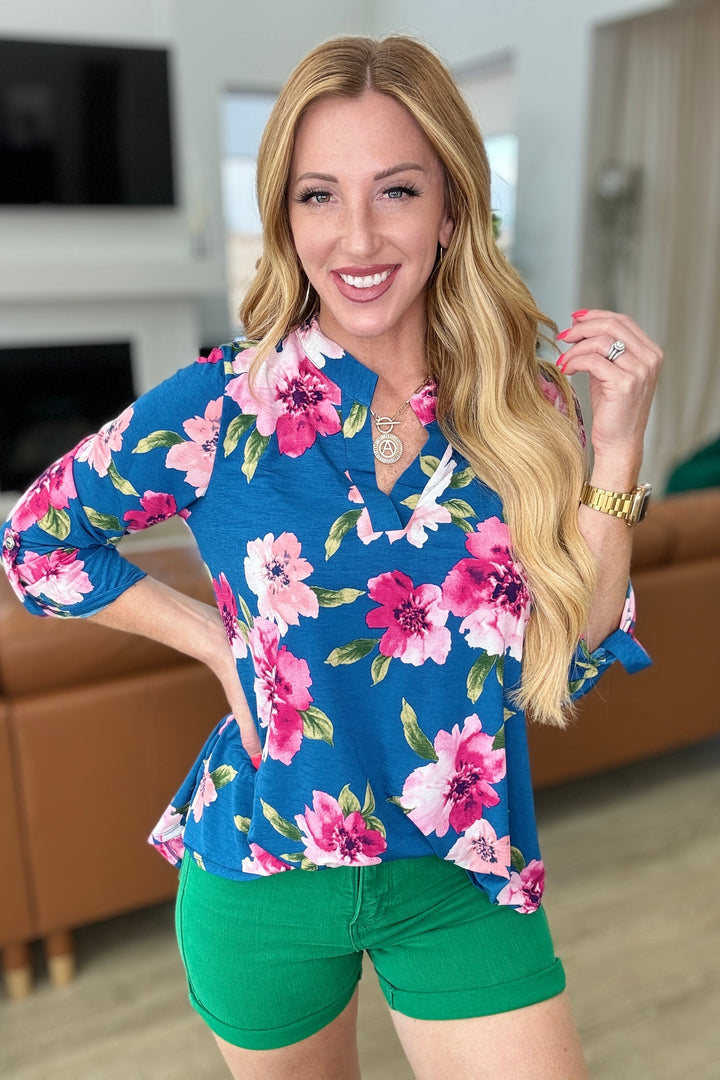 Lizzy 3/4 Sleeve Top in Teal and Magenta Floral