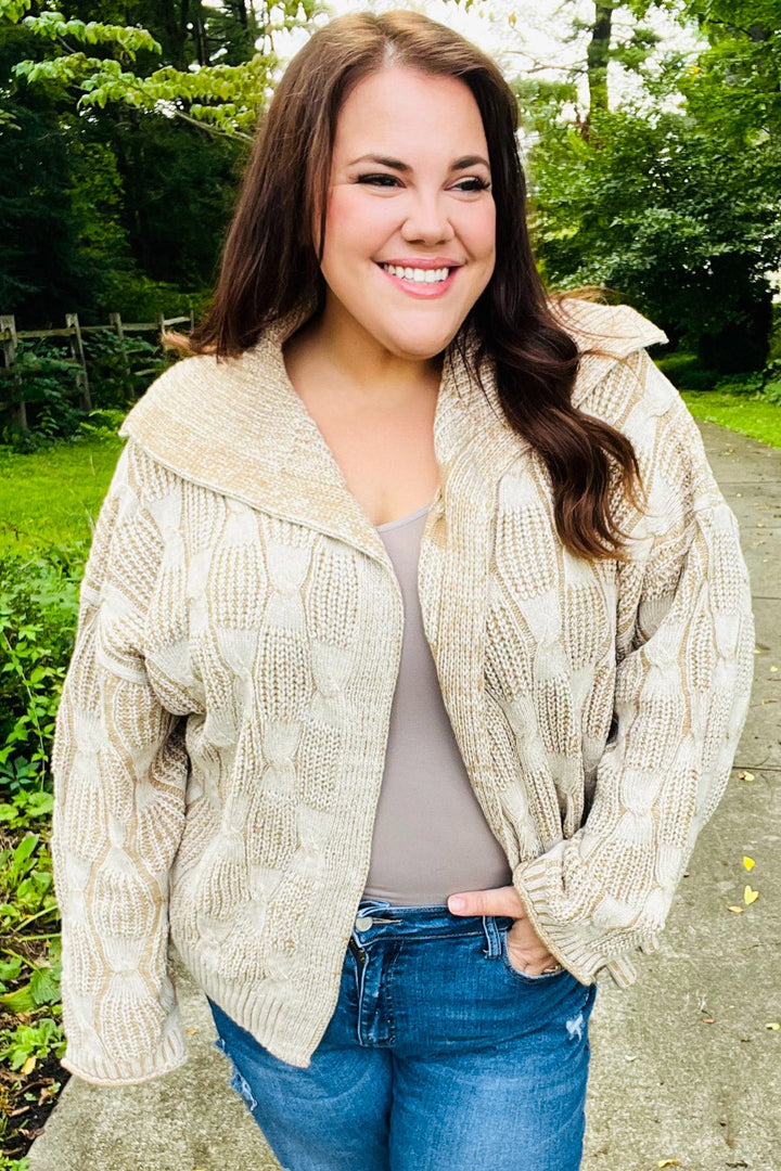 Taupe Textured Cable-Knit Collared Cardigan - Joy & Country