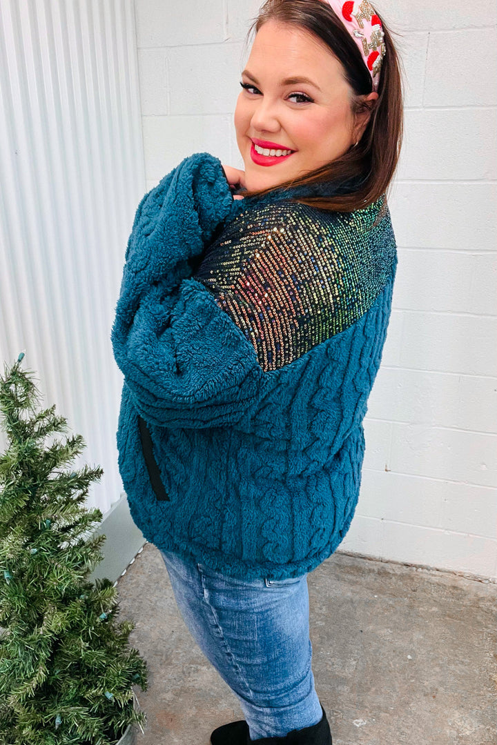 Take Me Out - Teal Sequin & Sherpa Pullover