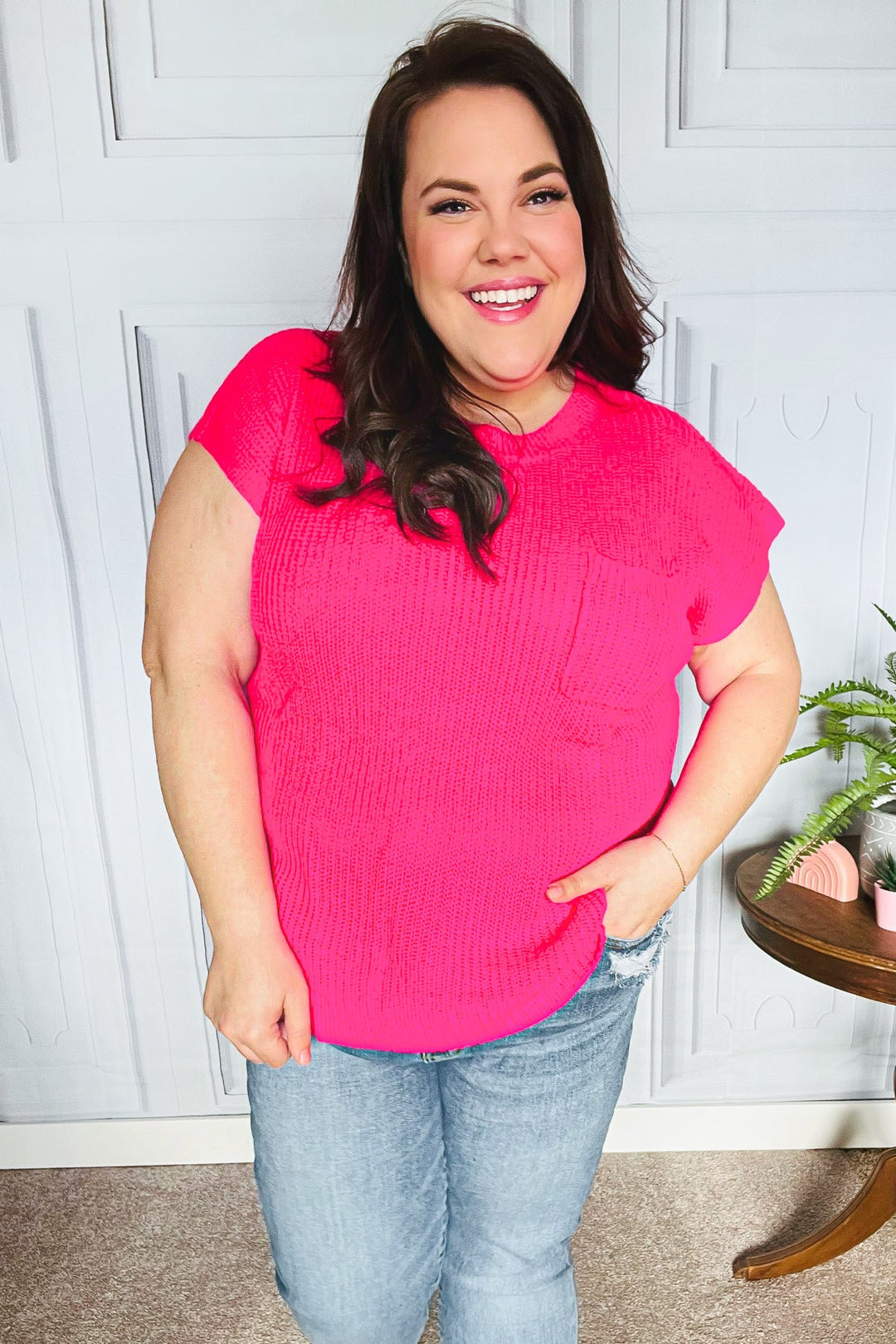 Call On Me - Dolman Ribbed Sweater Top - Hot Pink