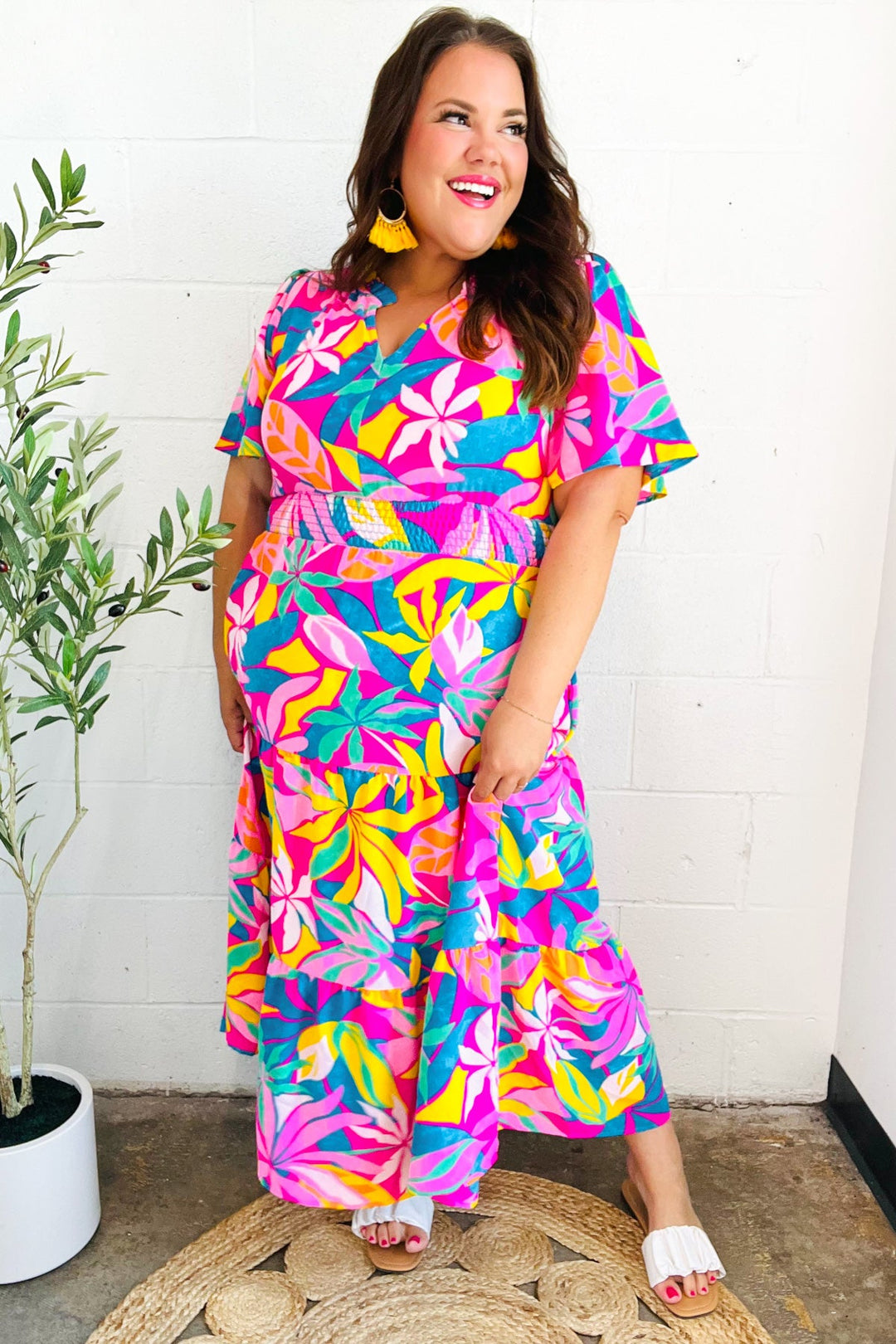 country maxi dress Tropical Trance Fuchsia Floral Smocked Waist Maxi Dress