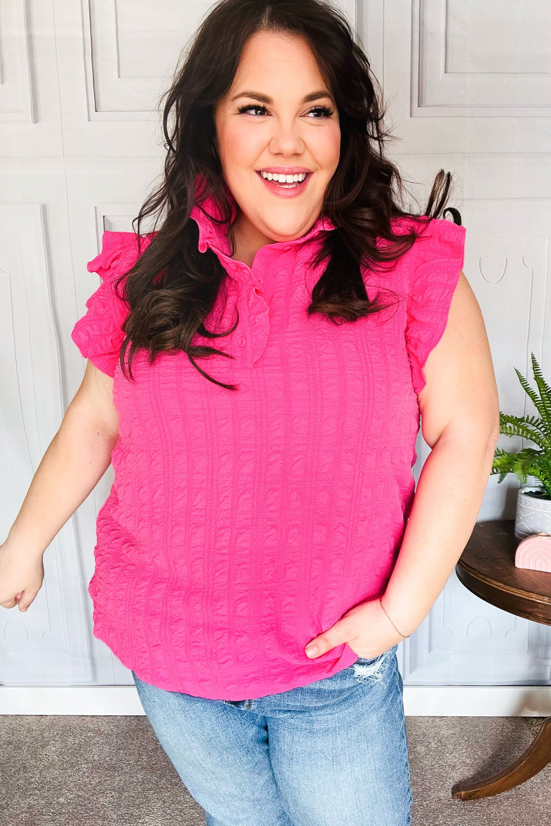 Textured Mock-Neck Button-Down Top - Hot Pink