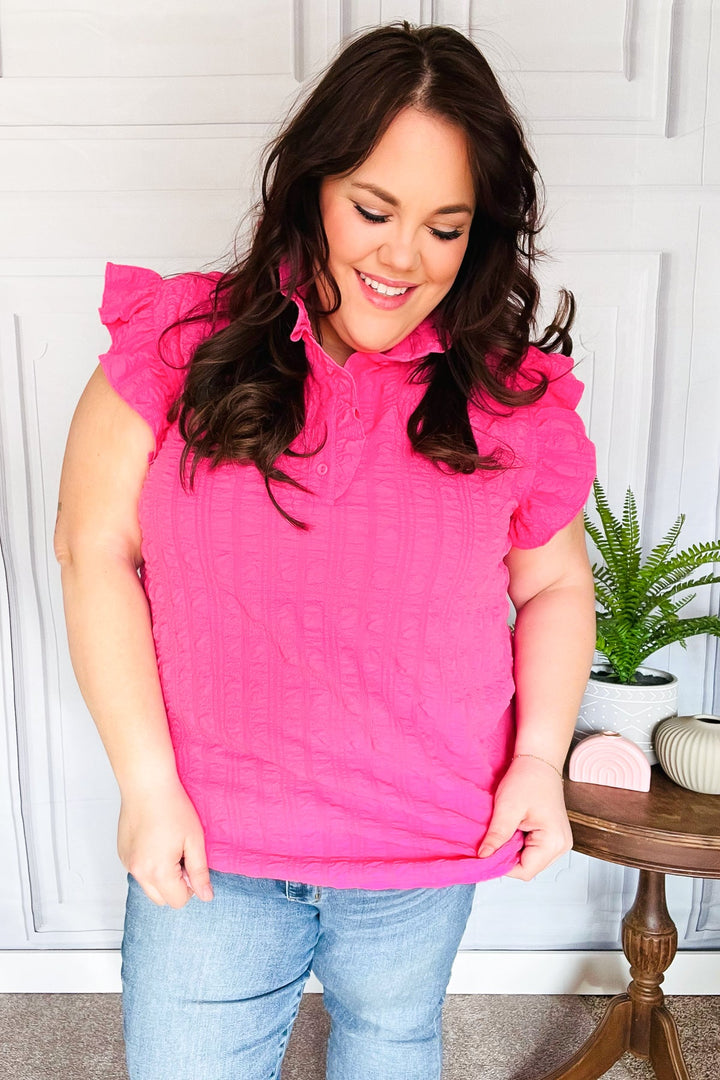 Textured Mock-Neck Button-Down Top - Hot Pink