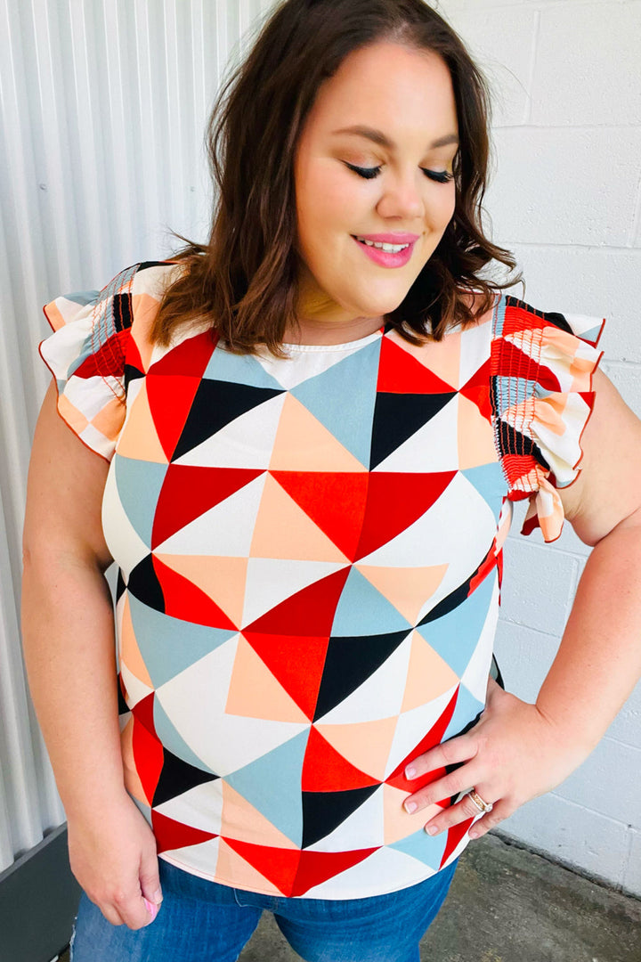 Geo-Print Smocked Ruffle-Sleeve Top - Joy & Country