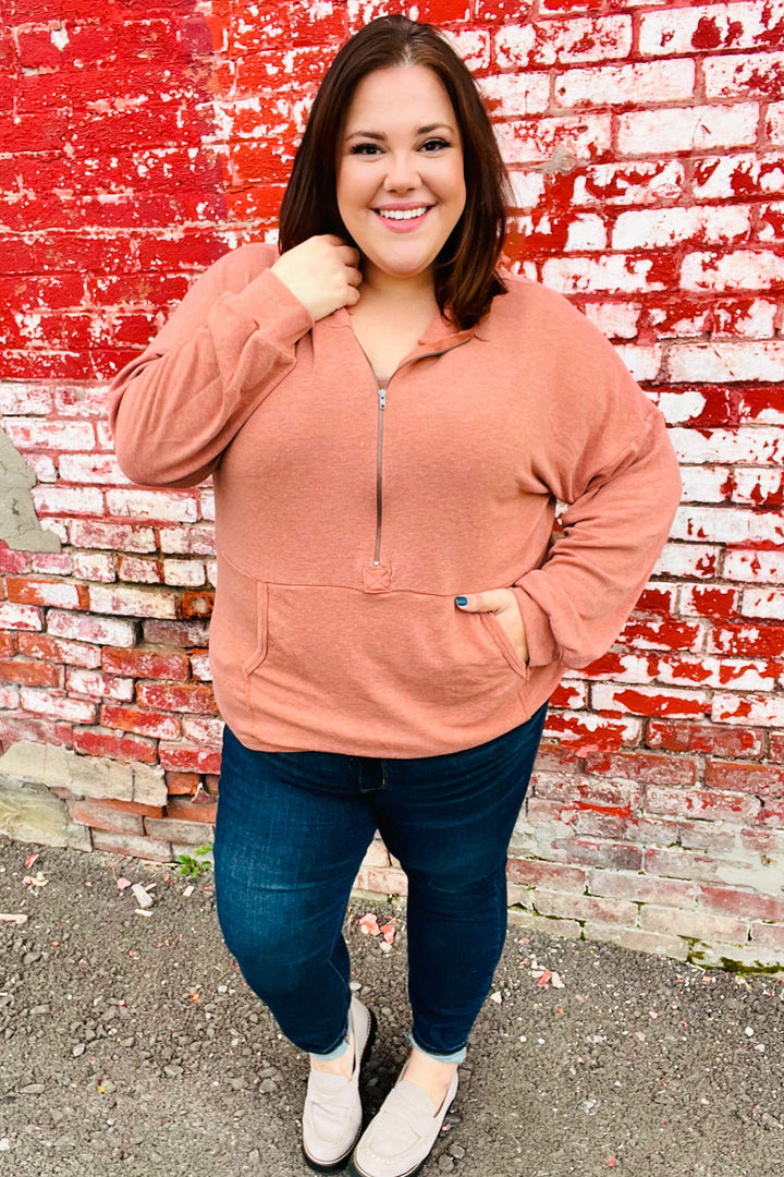 Perfectly You Half-Zip French Terry Hoodie - Rust/Mauve
