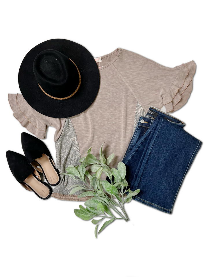 Taupe Ruffle-Sleeve Top W/ Aztec Panel