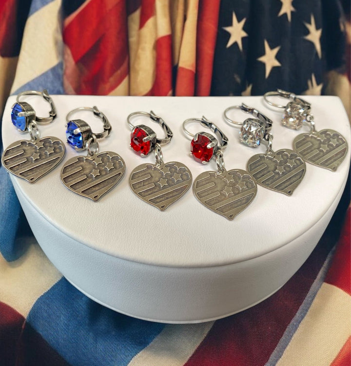 [PRE-ORDER] I Love The USA - American Flag Heart Crystal Dangle Earrings - Fight, Fight, Fight Collection [SHIPS in 3-5 WEEKS]   Earrings Joy & Country