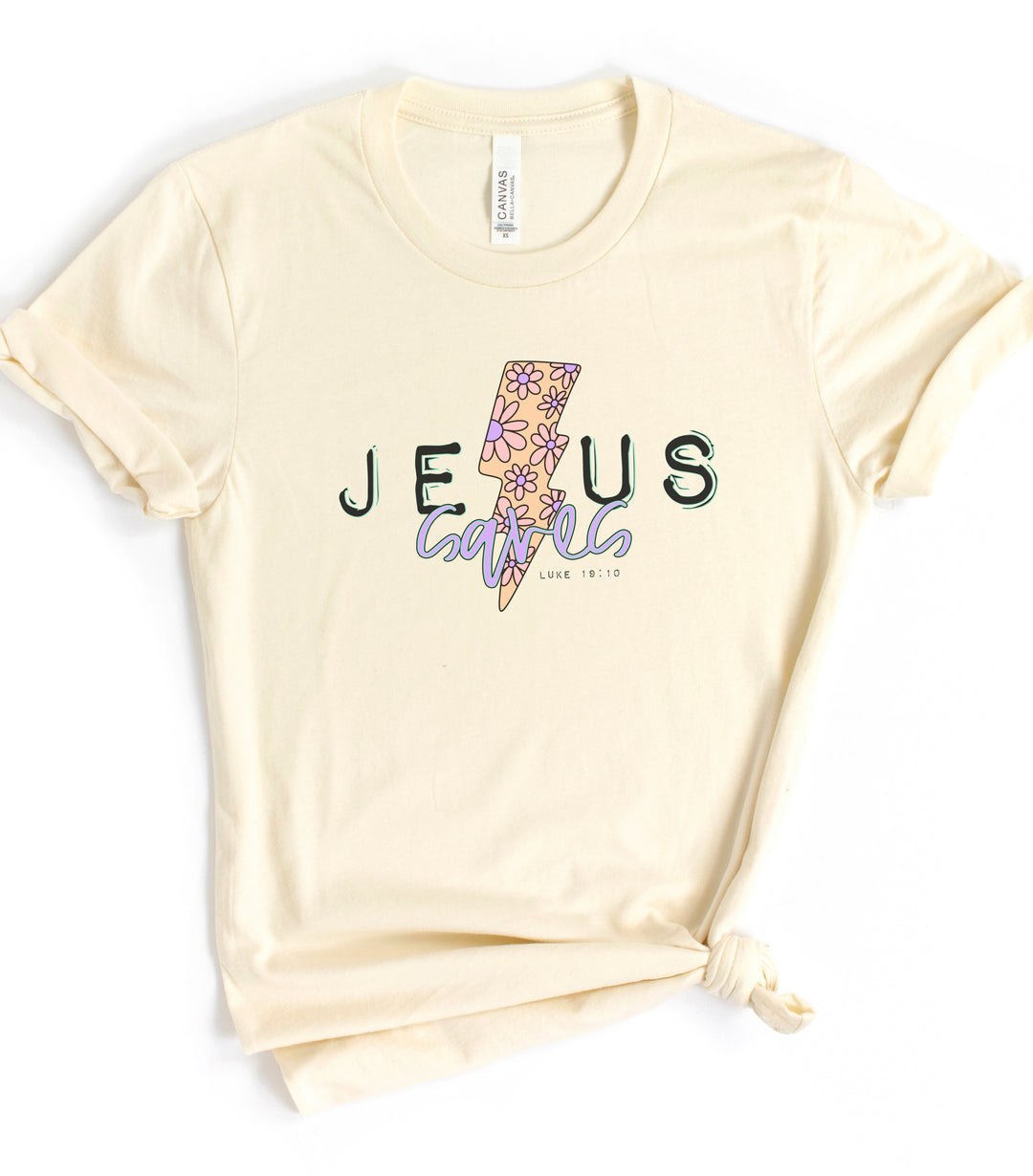 Jesus Saves With Flower & Lightning Bolt - Unisex Crew-Neck Tee