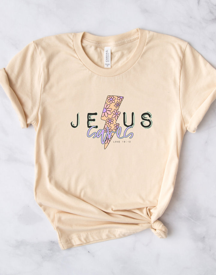 Jesus Saves With Flower & Lightning Bolt - Unisex Crew-Neck Tee