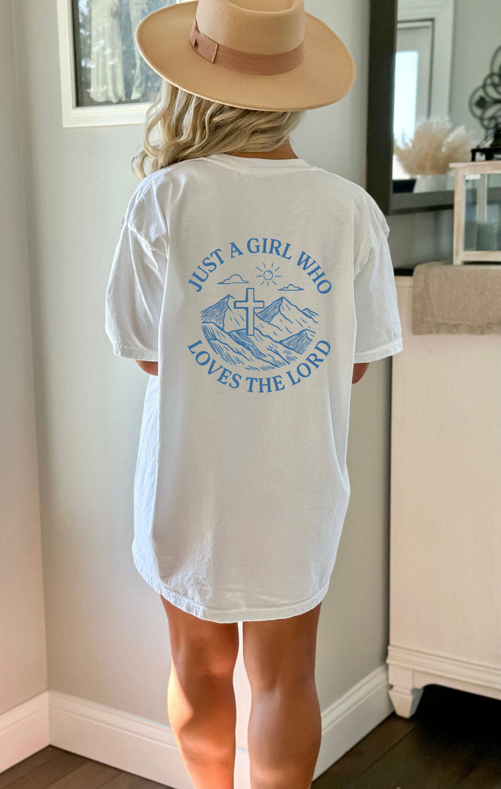 Just a Girl Who Loves The Lord - Front & Back - Premium Unisex Heavyweight Crew-Neck Tee   T-Shirt Joy & Country