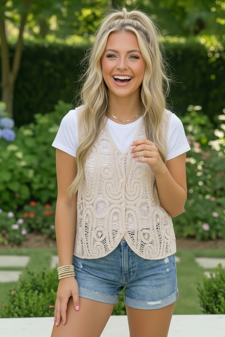 Boho Crochet Vest With Floral Scroll Detail    Joy & Country