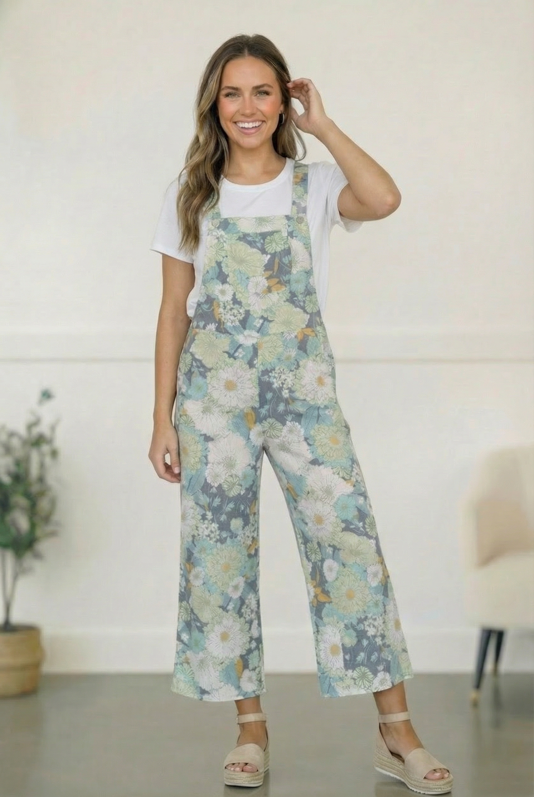 Groovy Garden Sage Floral Overalls    Joy & Country