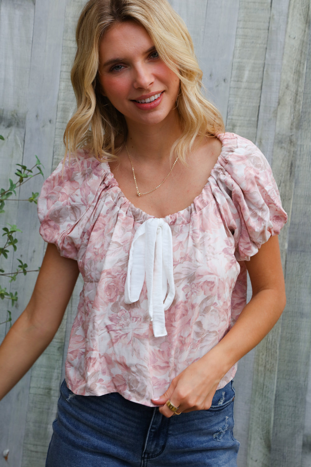 Feeling Femme' Blush Scoop Neck Bubble Sleeve Floral Top w/Bow    Joy & Country