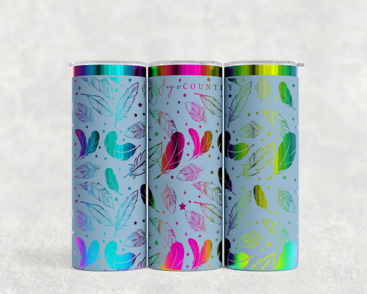 [PRE-ORDER] Whispers Of Faith Multi-Feather Design Multicolor Iridescent - 20 oz. Stainless Steel Laser-Engraved Skinny Tumbler [SHIPS IN 1-2 WEEKS] - Joy & Country