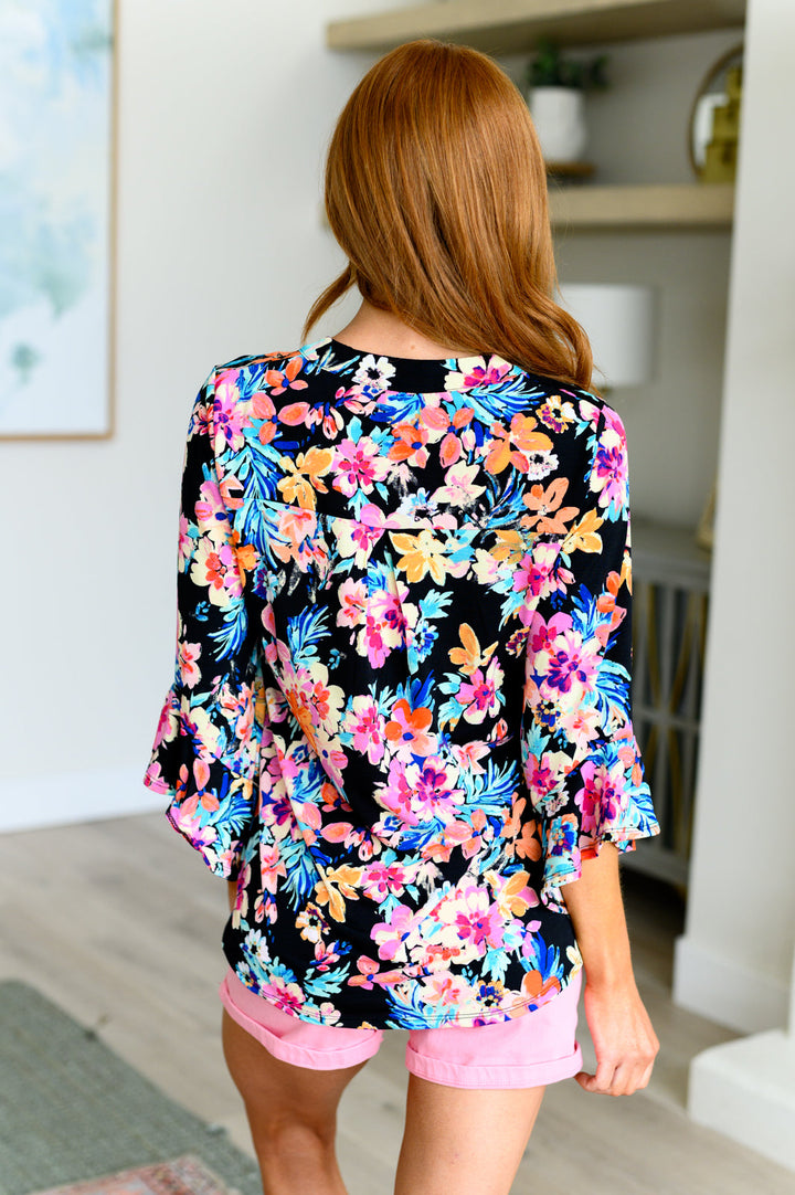Bell-Sleeve Top Black and Teal Tropical Floral