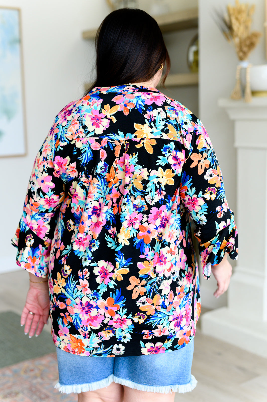 Bell-Sleeve Top Black and Teal Tropical Floral