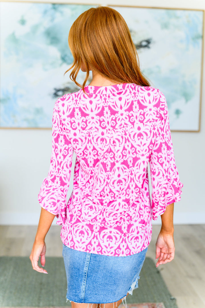 Bell-Sleeve Top in Hot Pink Damask