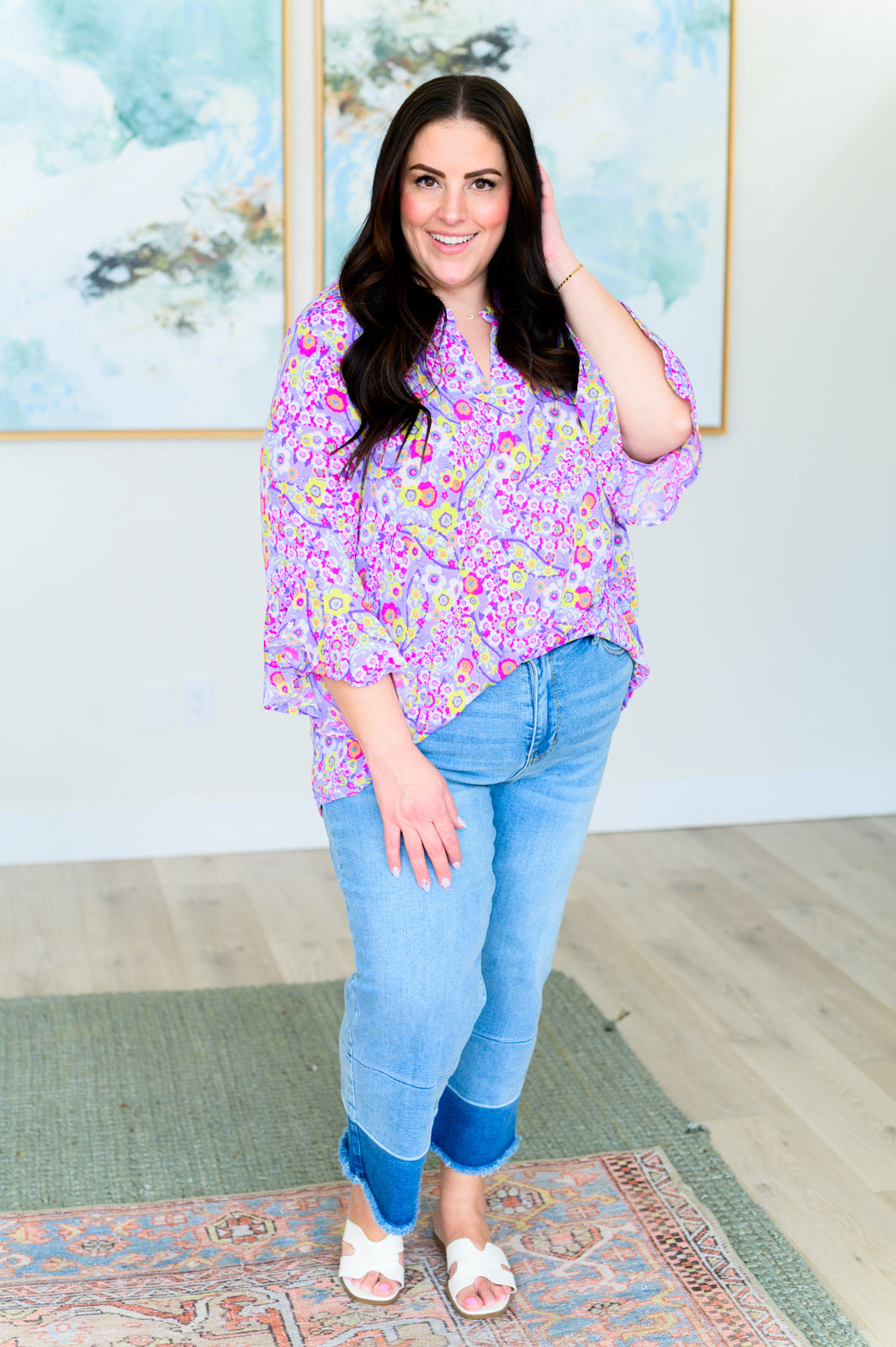 Bell-Sleeve Top in Lavender Retro Ditsy Floral