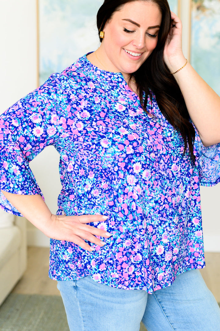 Bell-Sleeve Top in Navy and Pink Floral
