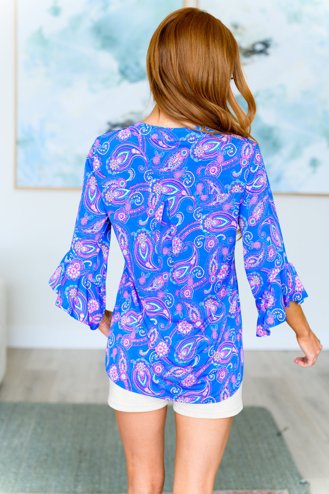 Bell-Sleeve Top in Royal Paisley