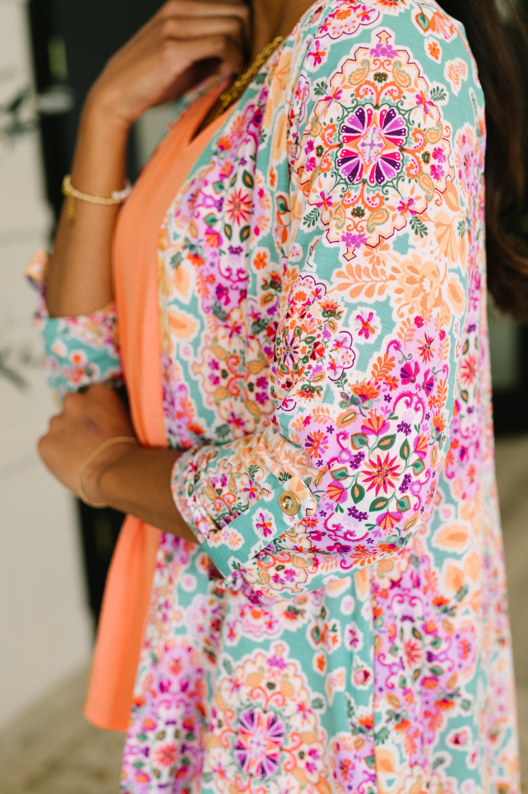 Lizzy Cardigan in Pink and Orange Floral Abstract   Womens Joy & Country
