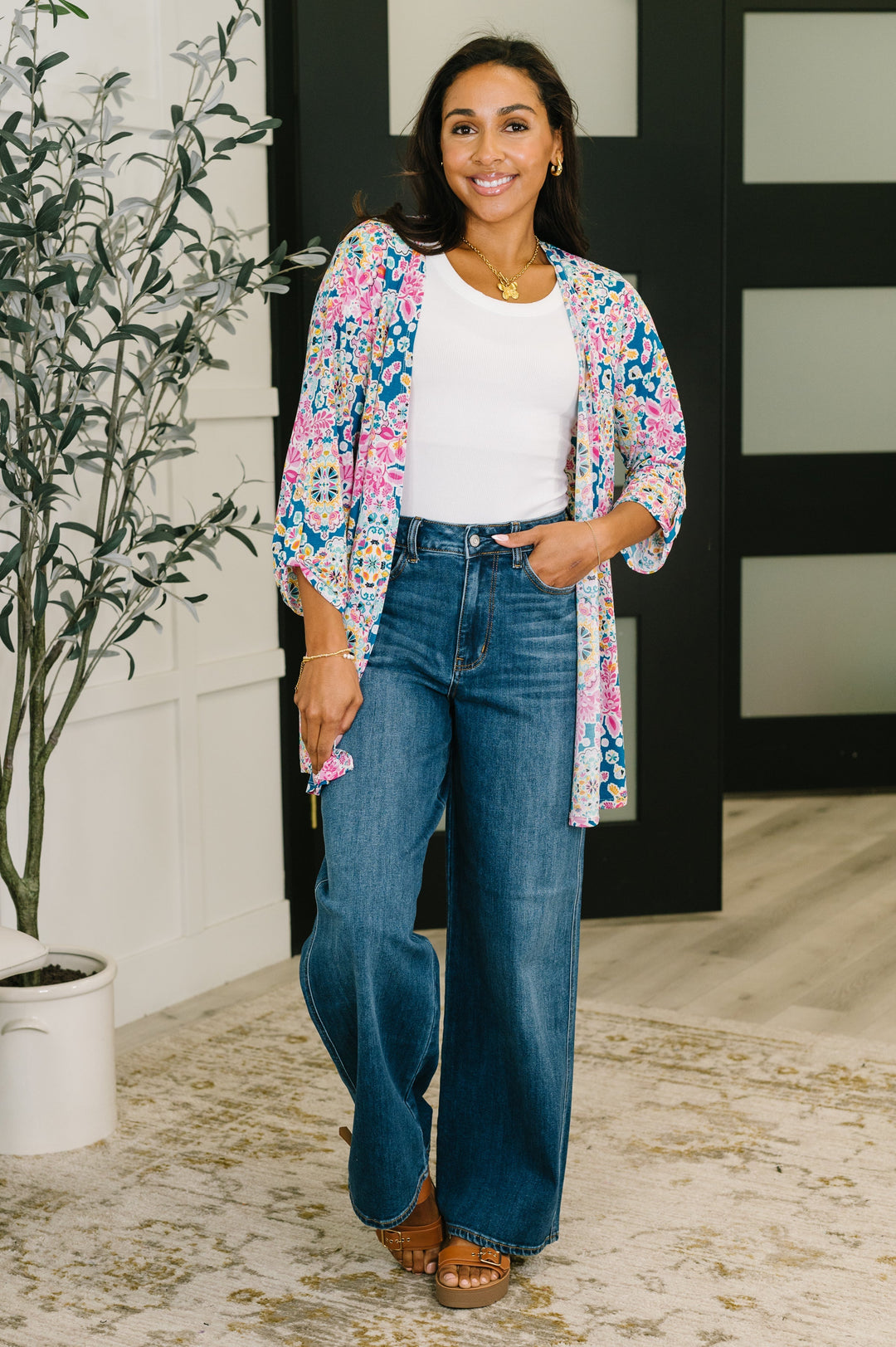 Lizzy Cardigan in Teal and Pink Floral Abstract   Womens Joy & Country
