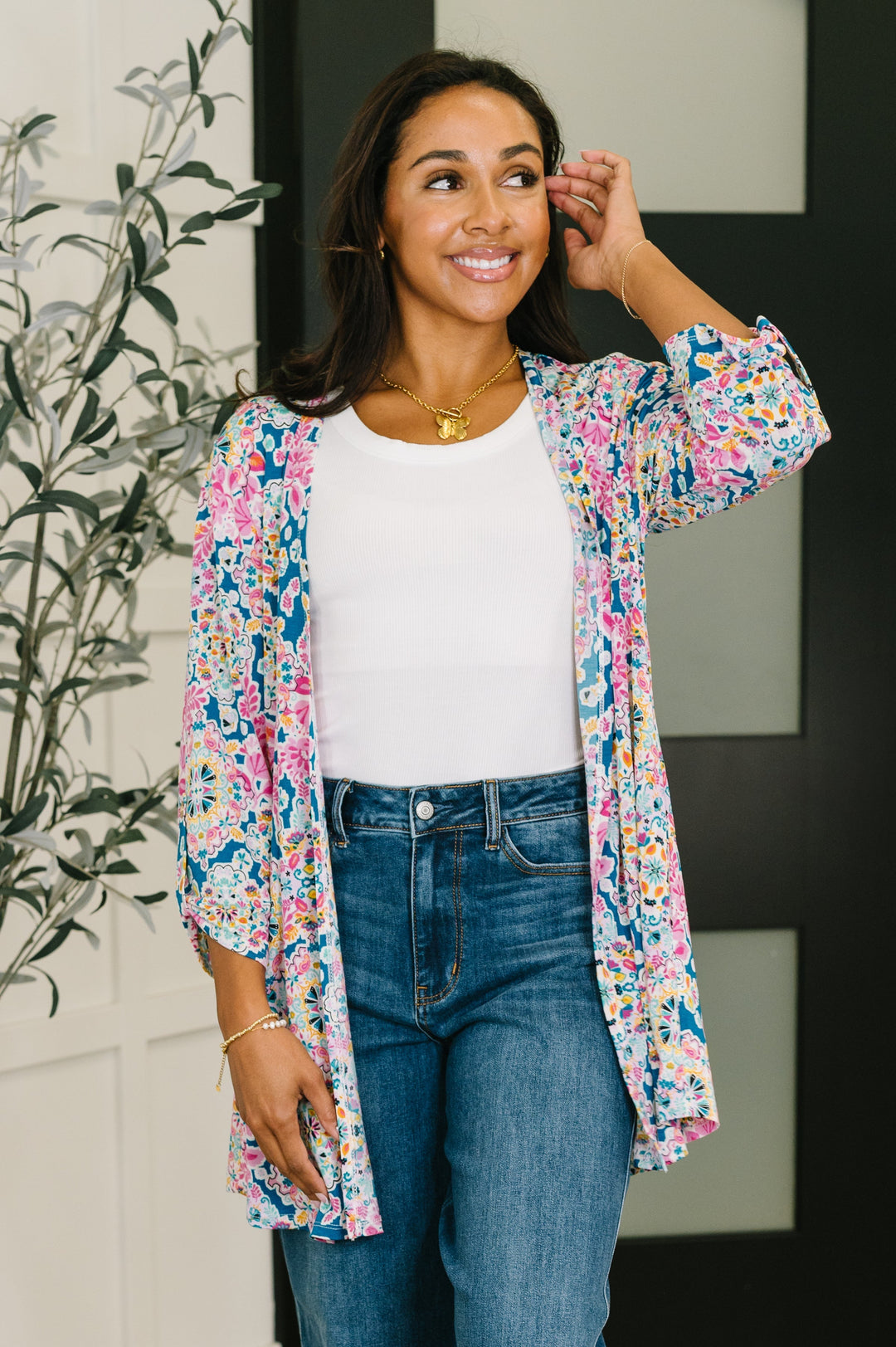 Lizzy Cardigan in Teal and Pink Floral Abstract   Womens Joy & Country