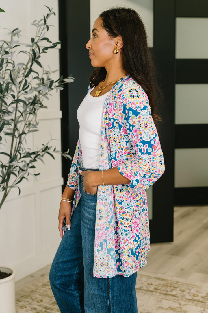 Lizzy Cardigan in Teal and Pink Floral Abstract   Womens Joy & Country