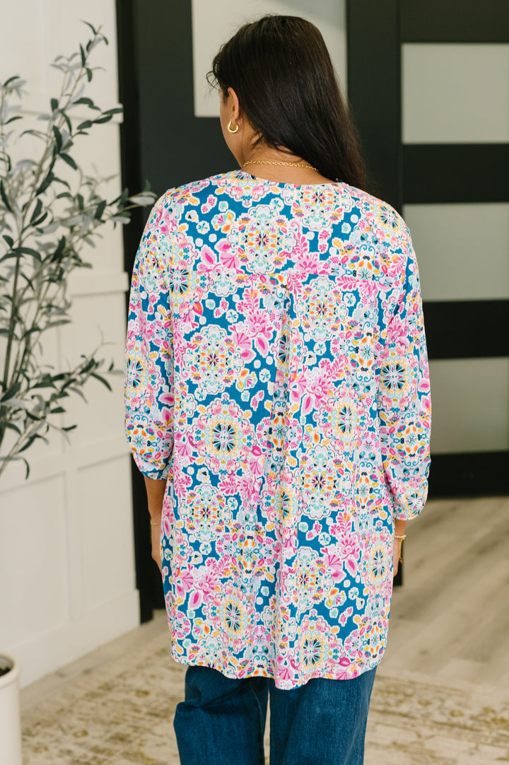 Lizzy Cardigan in Teal and Pink Floral Abstract   Womens Joy & Country
