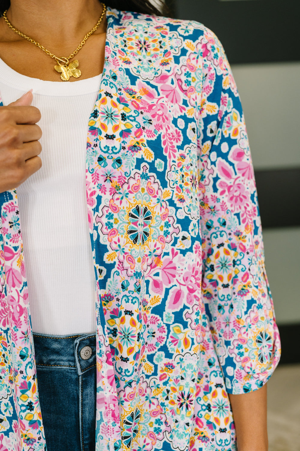 Lizzy Cardigan in Teal and Pink Floral Abstract   Womens Joy & Country