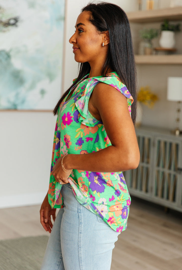 Lizzy Flutter-Sleeve Top in Emerald and Purple Floral