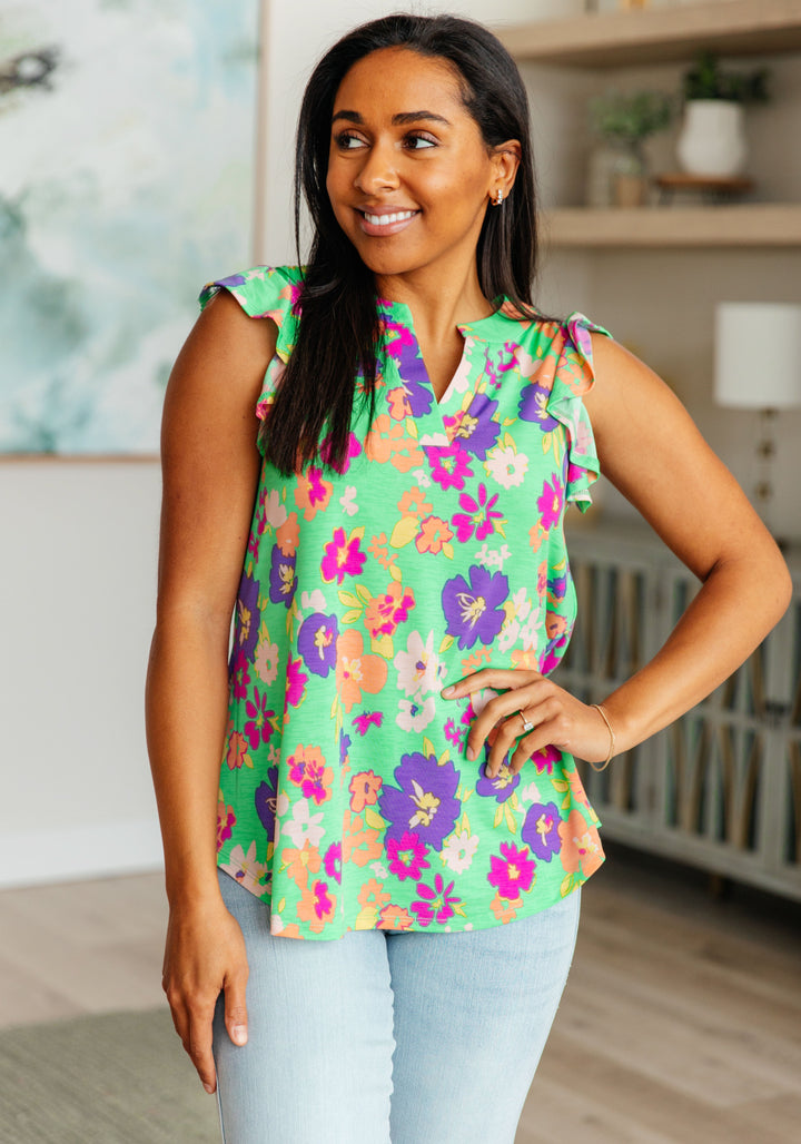 Lizzy Flutter-Sleeve Top in Emerald and Purple Floral