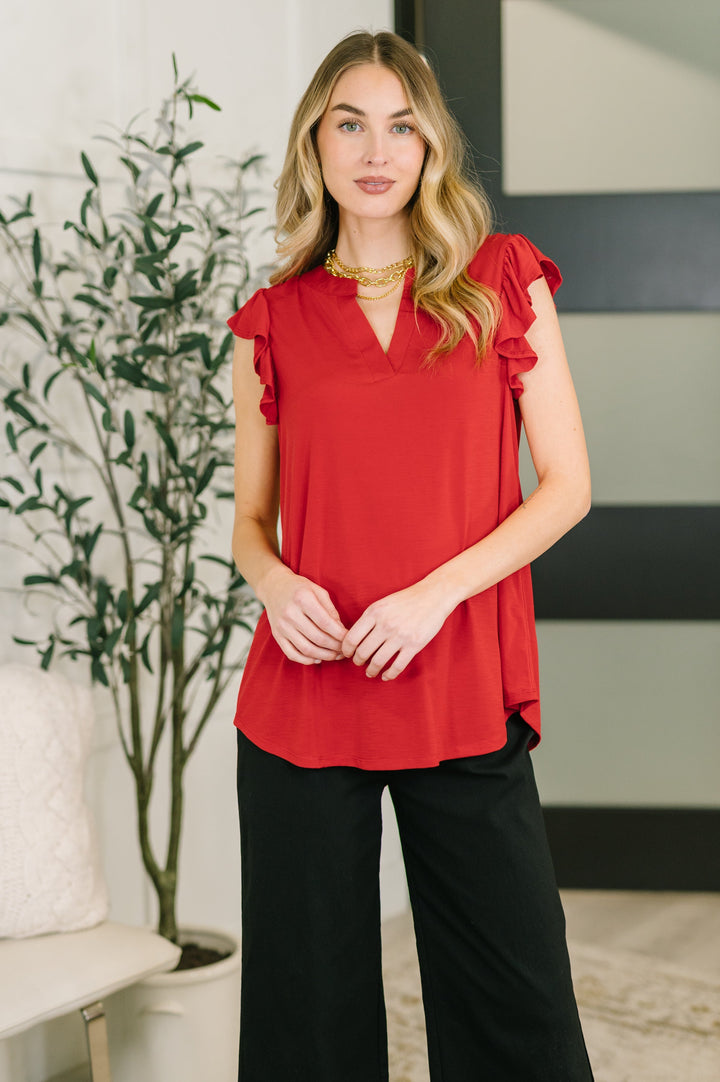 Lizzy Flutter Sleeve V-Neck Blouse in Red   Womens Joy & Country