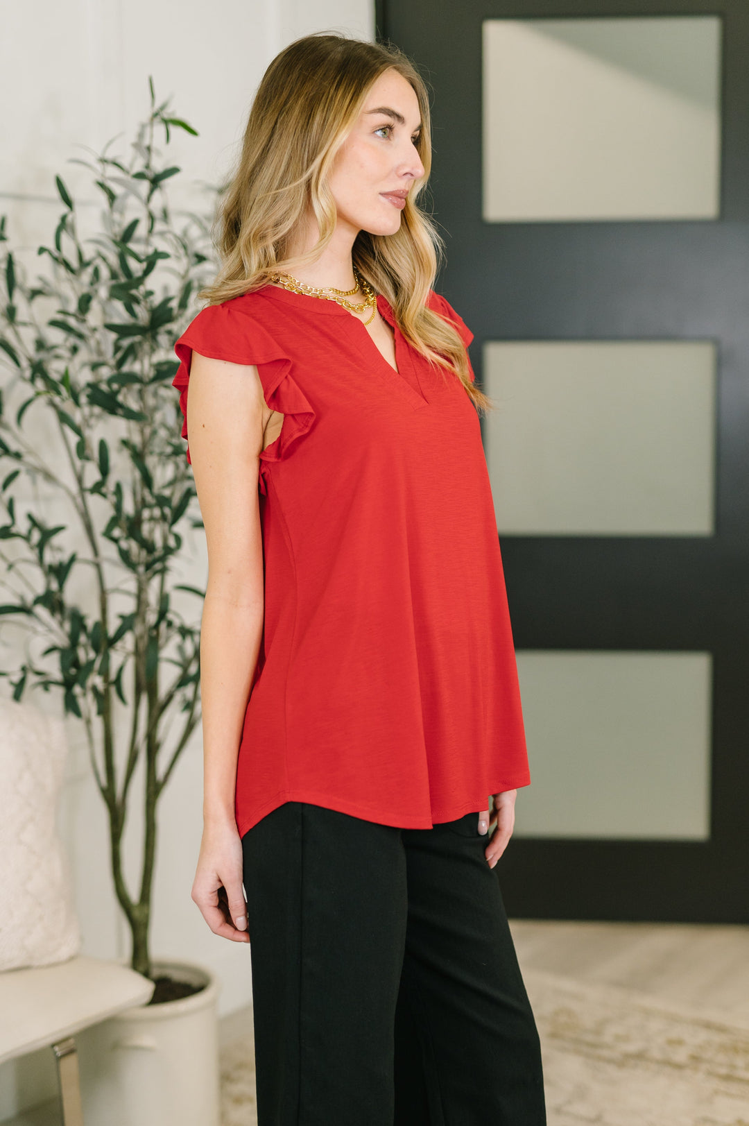Lizzy Flutter Sleeve V-Neck Blouse in Red   Womens Joy & Country