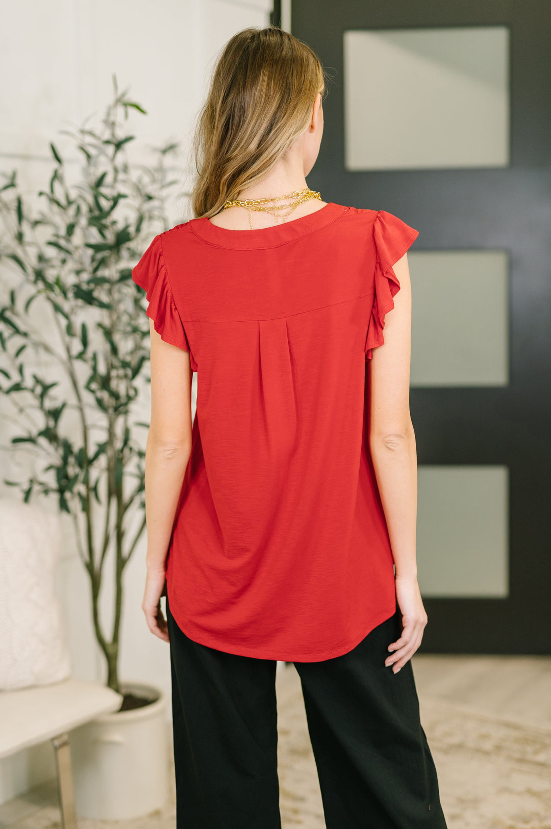 Lizzy Flutter Sleeve V-Neck Blouse in Red   Womens Joy & Country