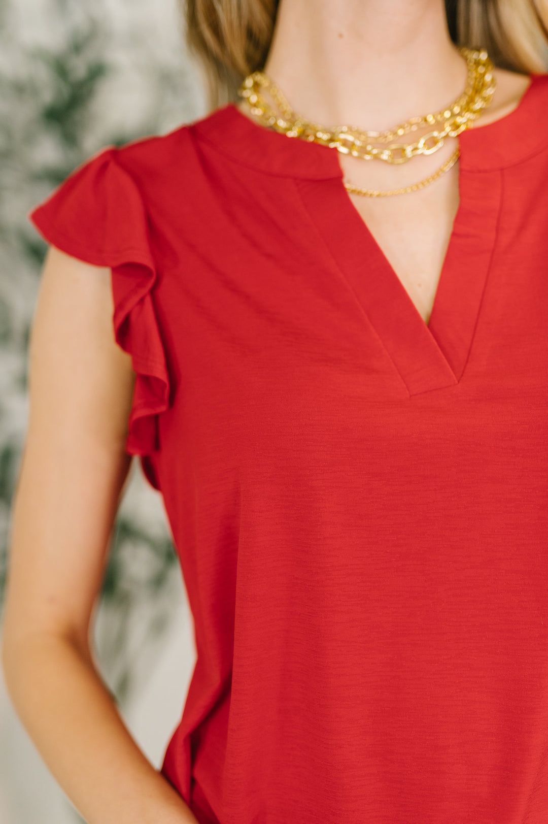 Lizzy Flutter Sleeve V-Neck Blouse in Red   Womens Joy & Country