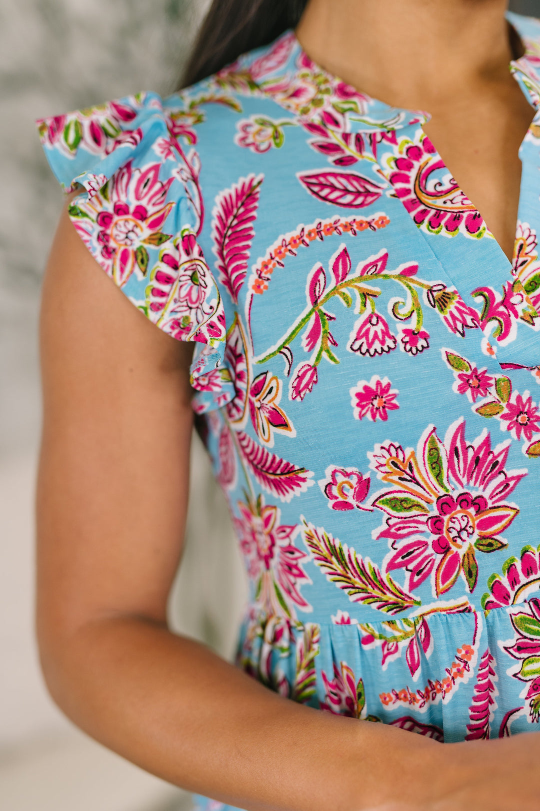 Lizzy Forever Flutter Sleeve Dress in Blue and Pink Paisley Floral   Womens Joy & Country