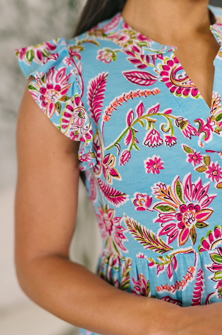 Lizzy Forever Flutter Sleeve Dress in Blue and Pink Paisley Floral   Womens Joy & Country