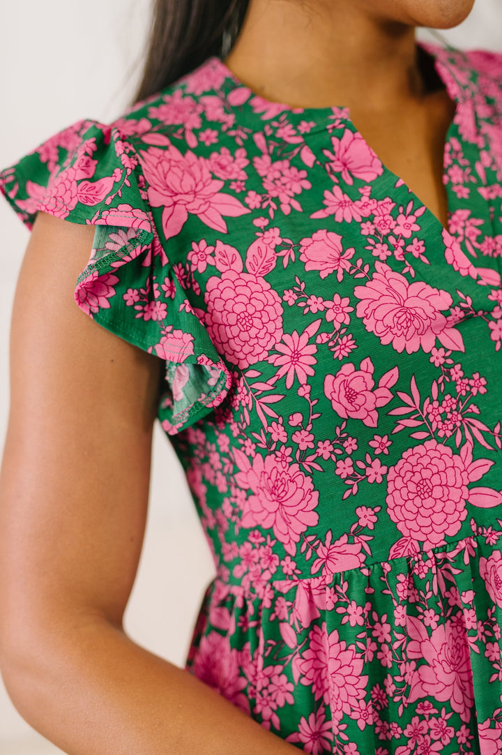 Lizzy Forever Flutter Sleeve Dress in Green and Pink Floral   Womens Joy & Country
