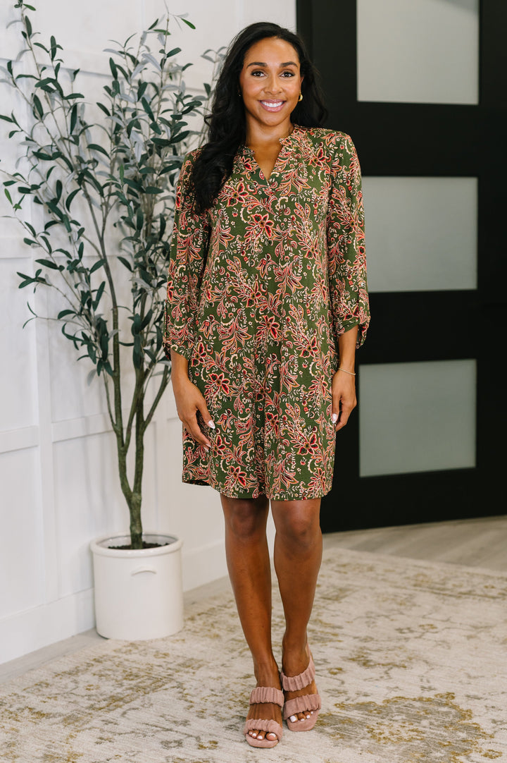 Lizzy Long Sleeve Dress in Olive Paisley   Womens Joy & Country