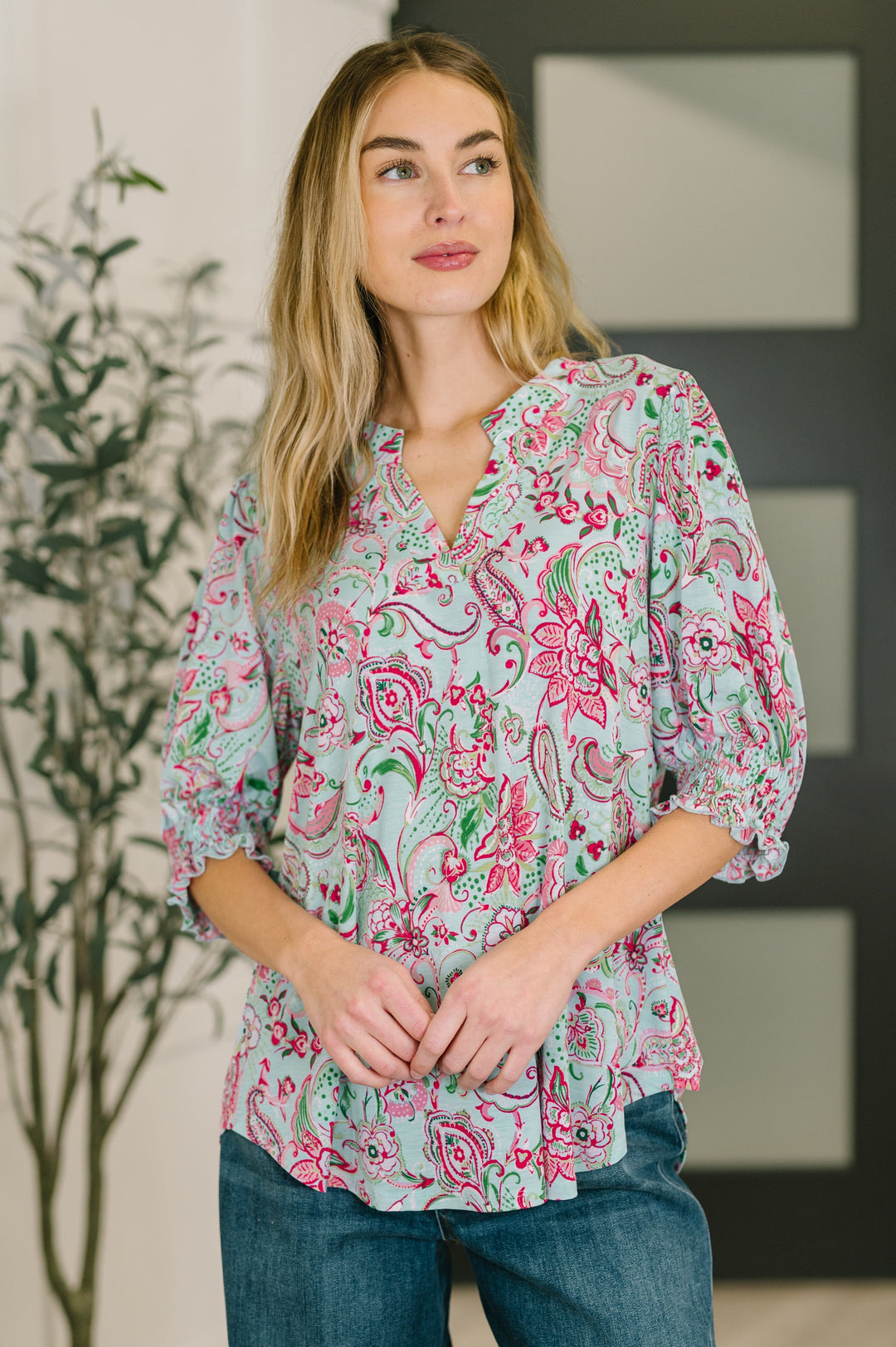 Lizzy Smock Top in Mint and Pink Floral Paisley   Womens Joy & Country