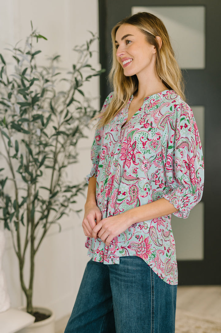 Lizzy Smock Top in Mint and Pink Floral Paisley   Womens Joy & Country