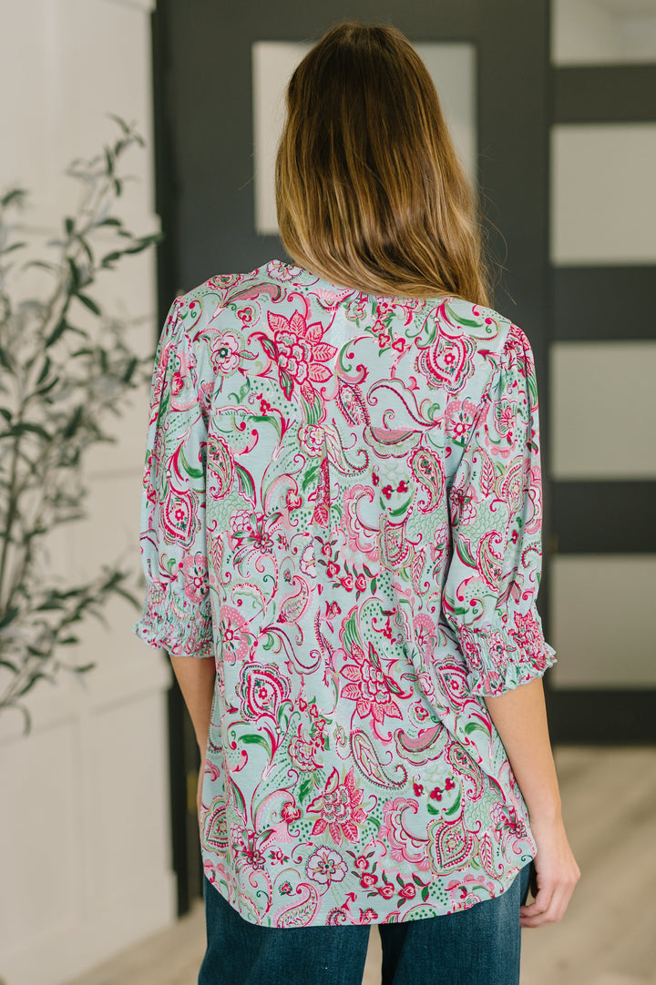 Lizzy Smock Top in Mint and Pink Floral Paisley   Womens Joy & Country