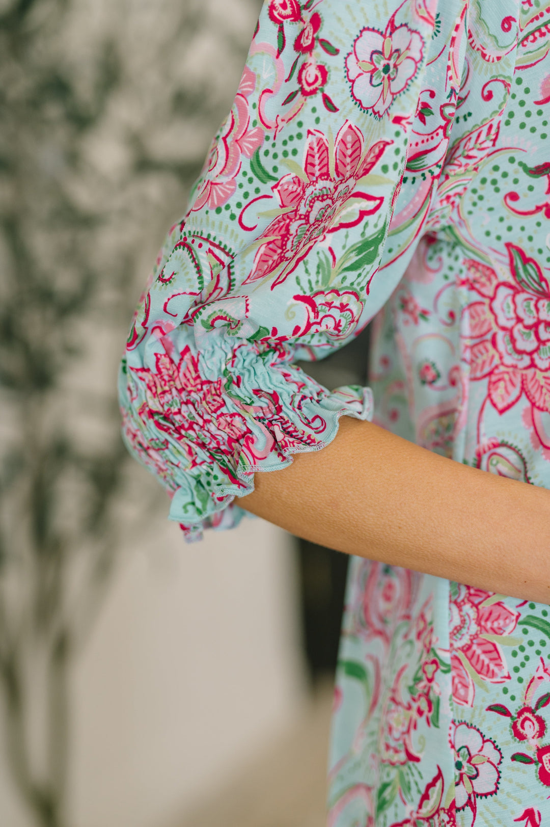 Lizzy Smock Top in Mint and Pink Floral Paisley   Womens Joy & Country