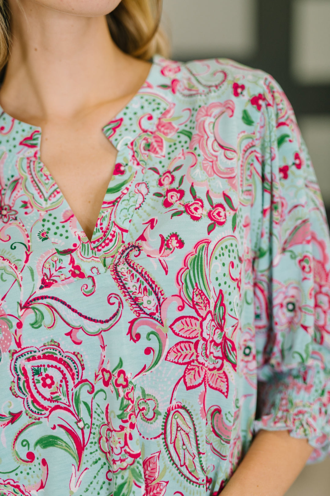 Lizzy Smock Top in Mint and Pink Floral Paisley   Womens Joy & Country