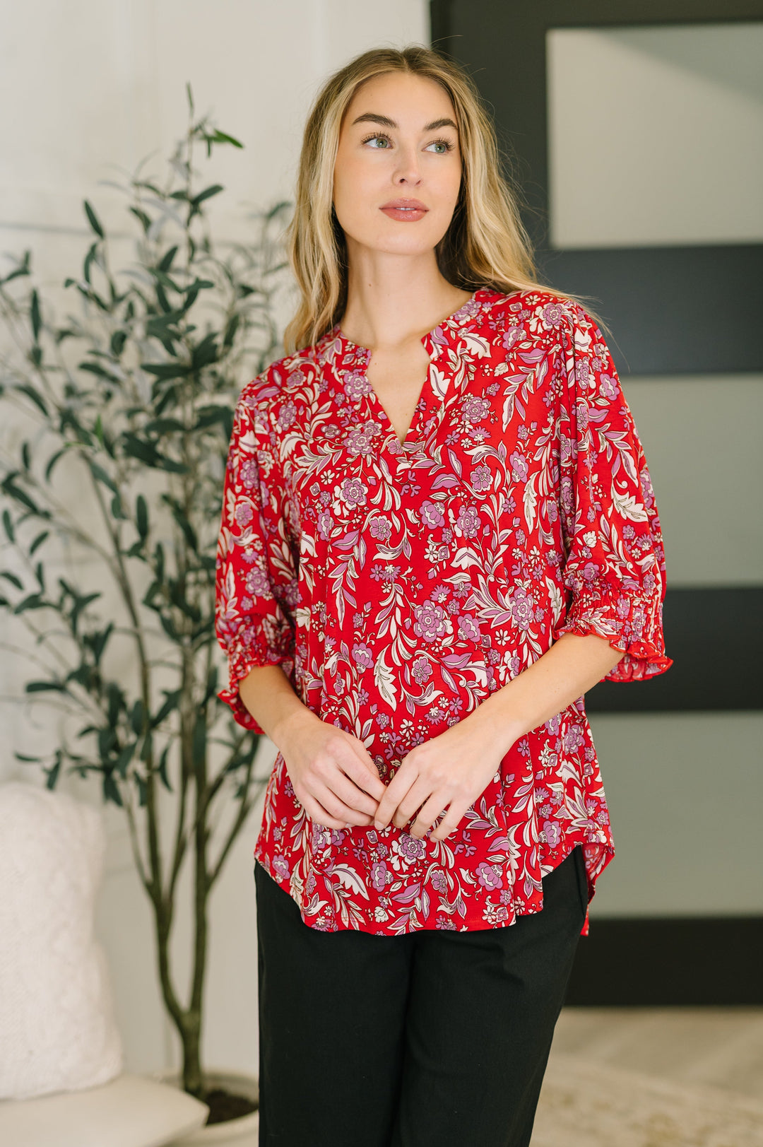 Lizzy Smock Top in Red and Pink Floral   Womens Joy & Country