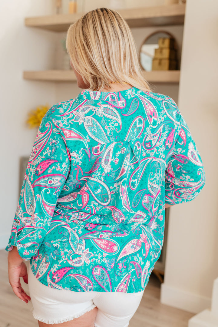 Chic & Easy 3/4 Sleeve Top - Aqua and Pink Paisley